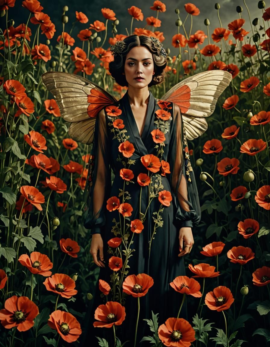 Supermodel with Poppy Flowers, Cinematic Film Still