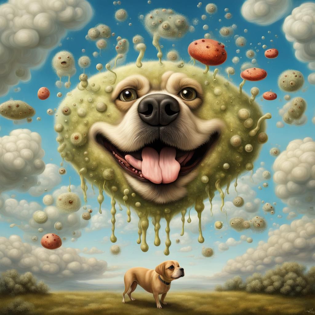 Large fun ugly microbes and germs floating towards a supposedly unhappy dog.