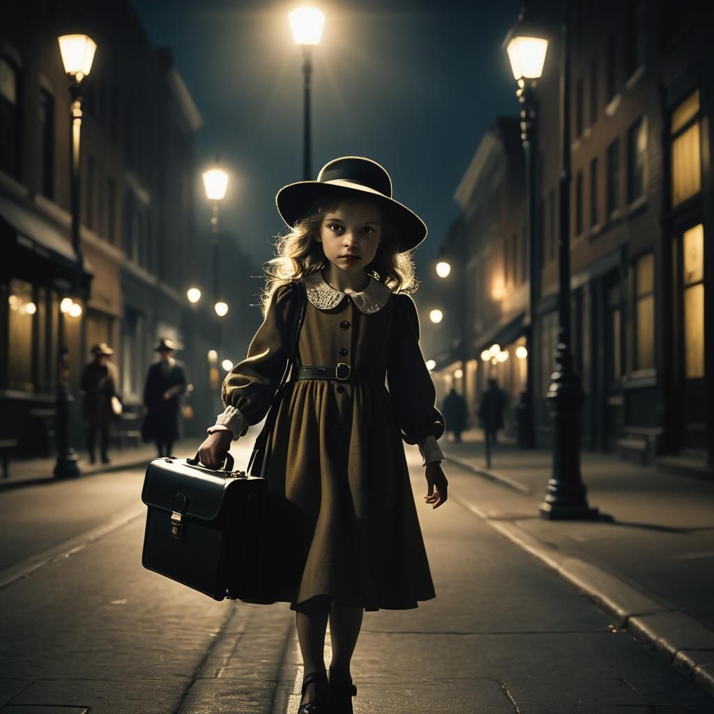 Film Noir: Girl with Briefcase in City at Night