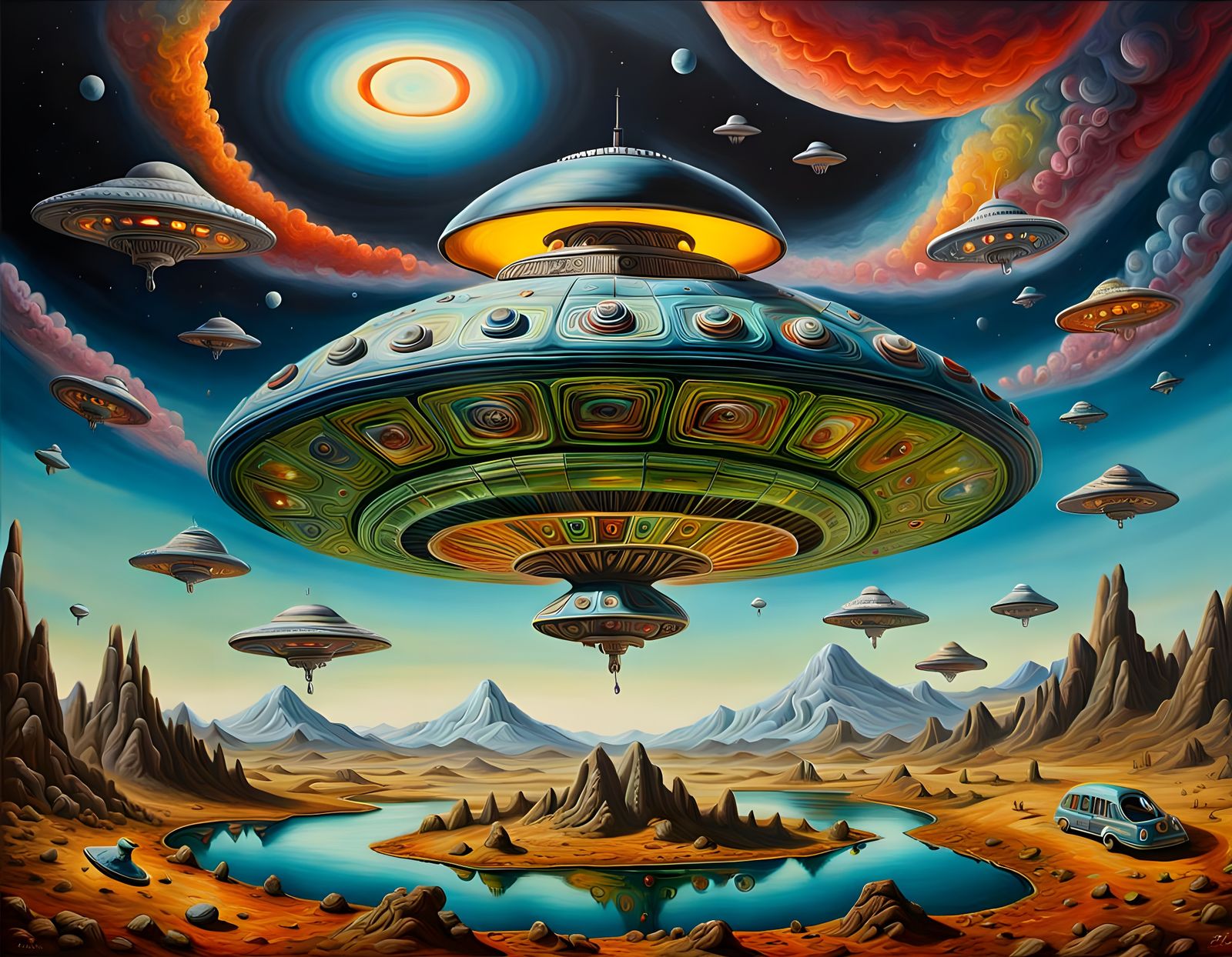 Surrealistic Oil Painting of a UFO in Hyper-Realistic Detail