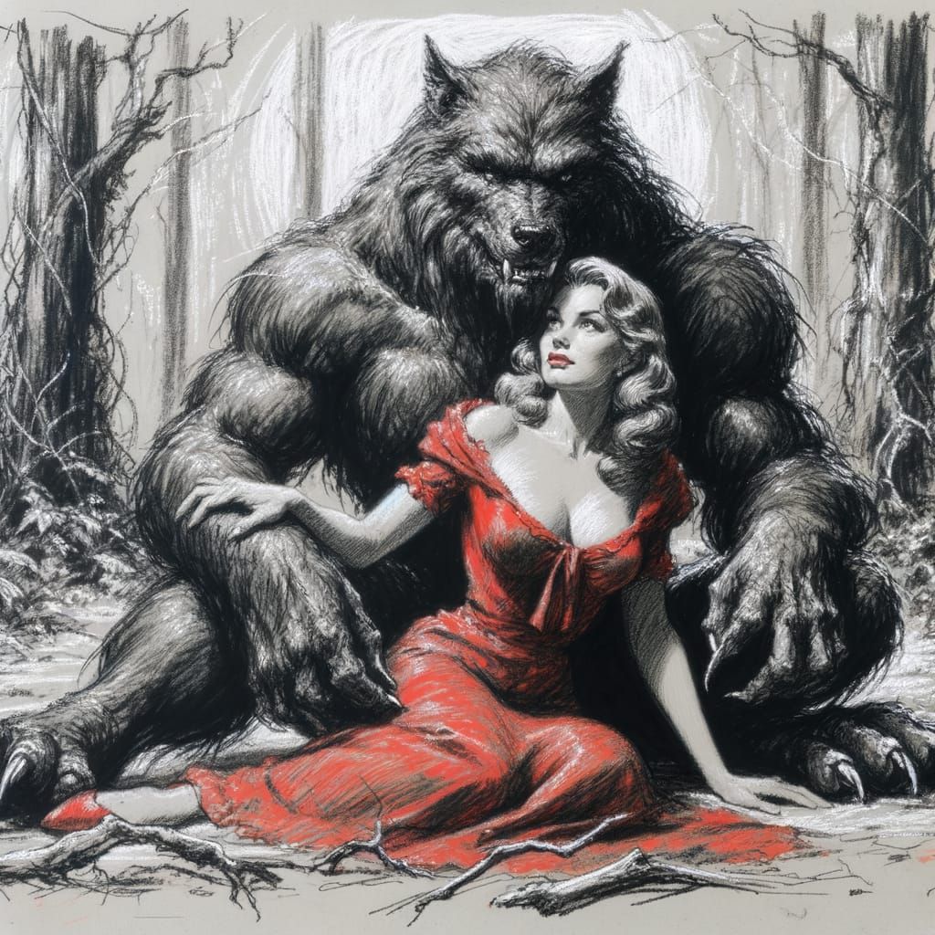 Woman and Beast: Charcoal Sketch in Forest Setting
