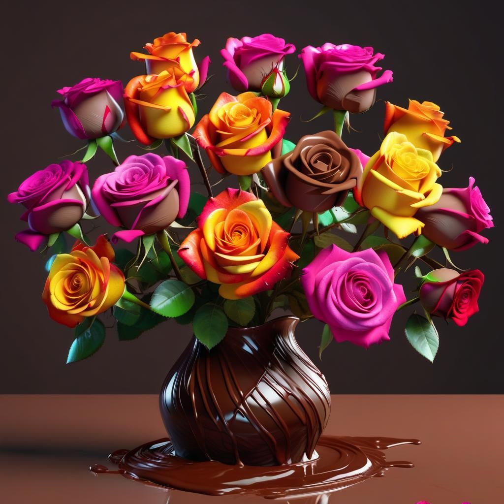 Hyperrealistic Roses in Chocolate Vase Splash Art