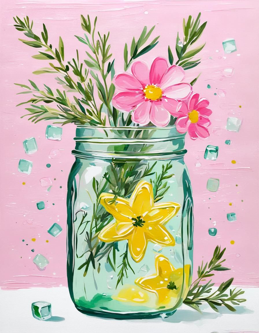 Vibrant Painting of a Pink Drink with Flowers