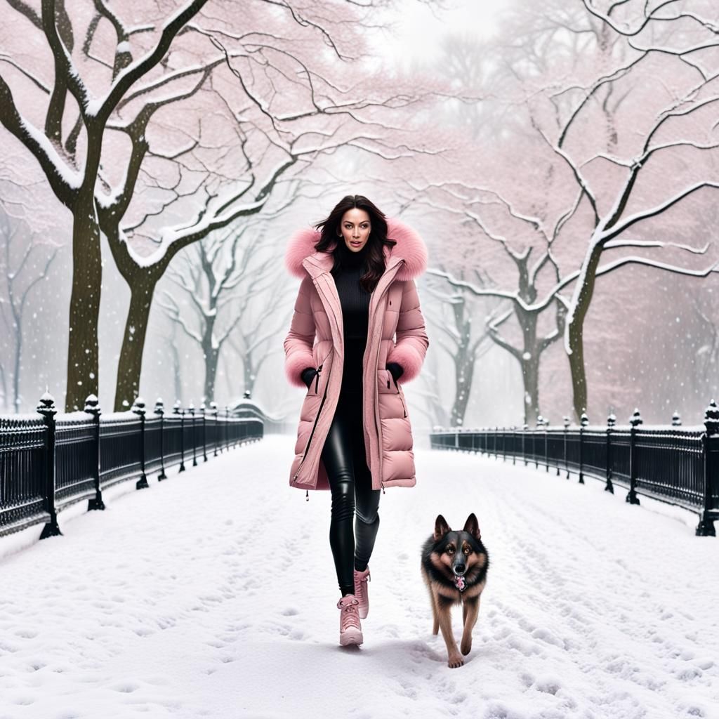 Woman Walking Alsatian in Snowy Central Park