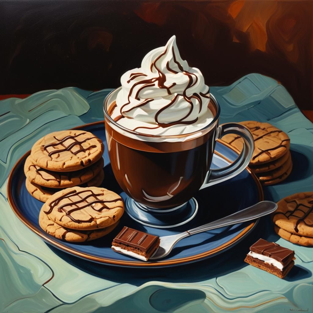 Cozy Still Life of Cookies and Hot Chocolate as Oil Painting