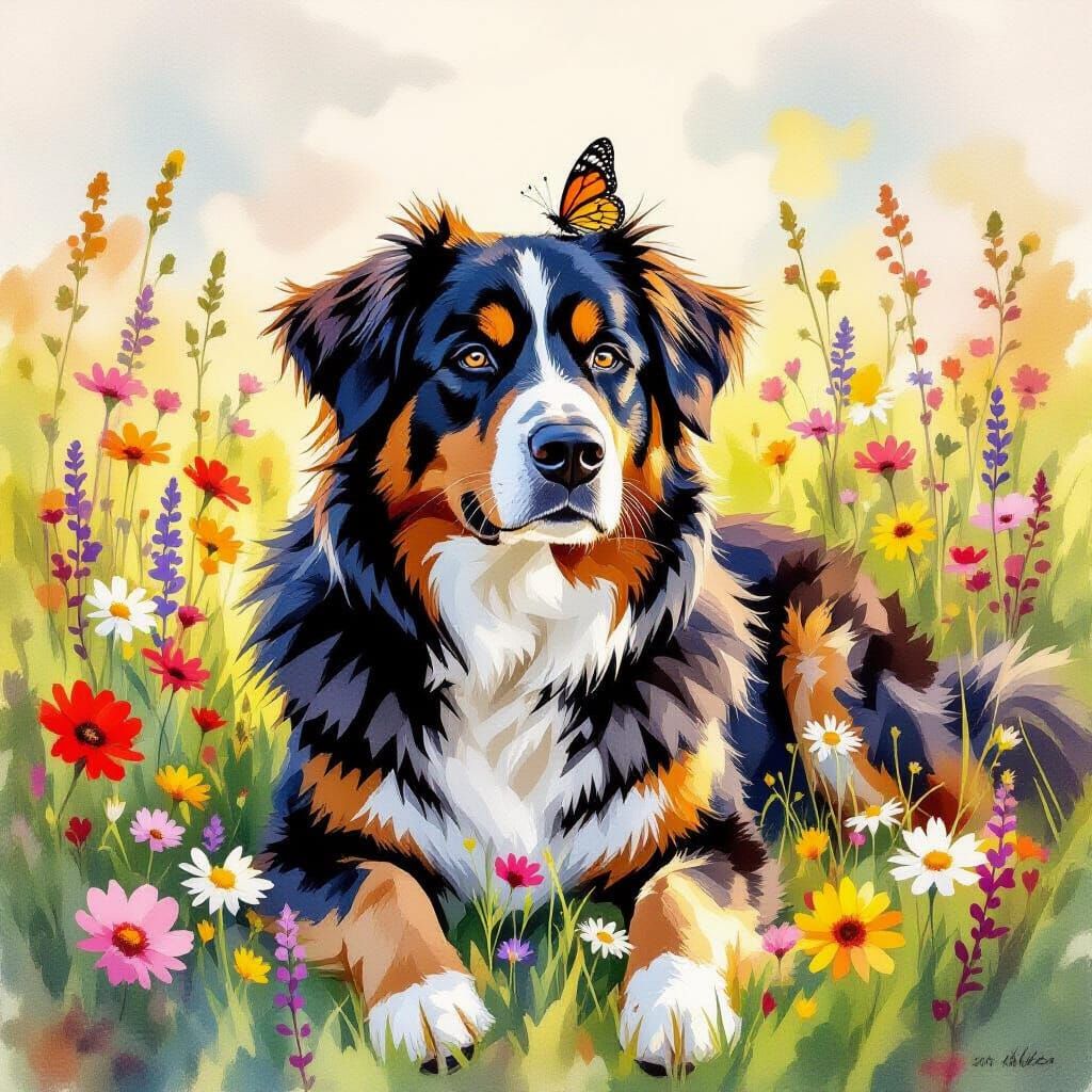 Golden Retriever Mix Dog on Flower Meadow with Butterfly