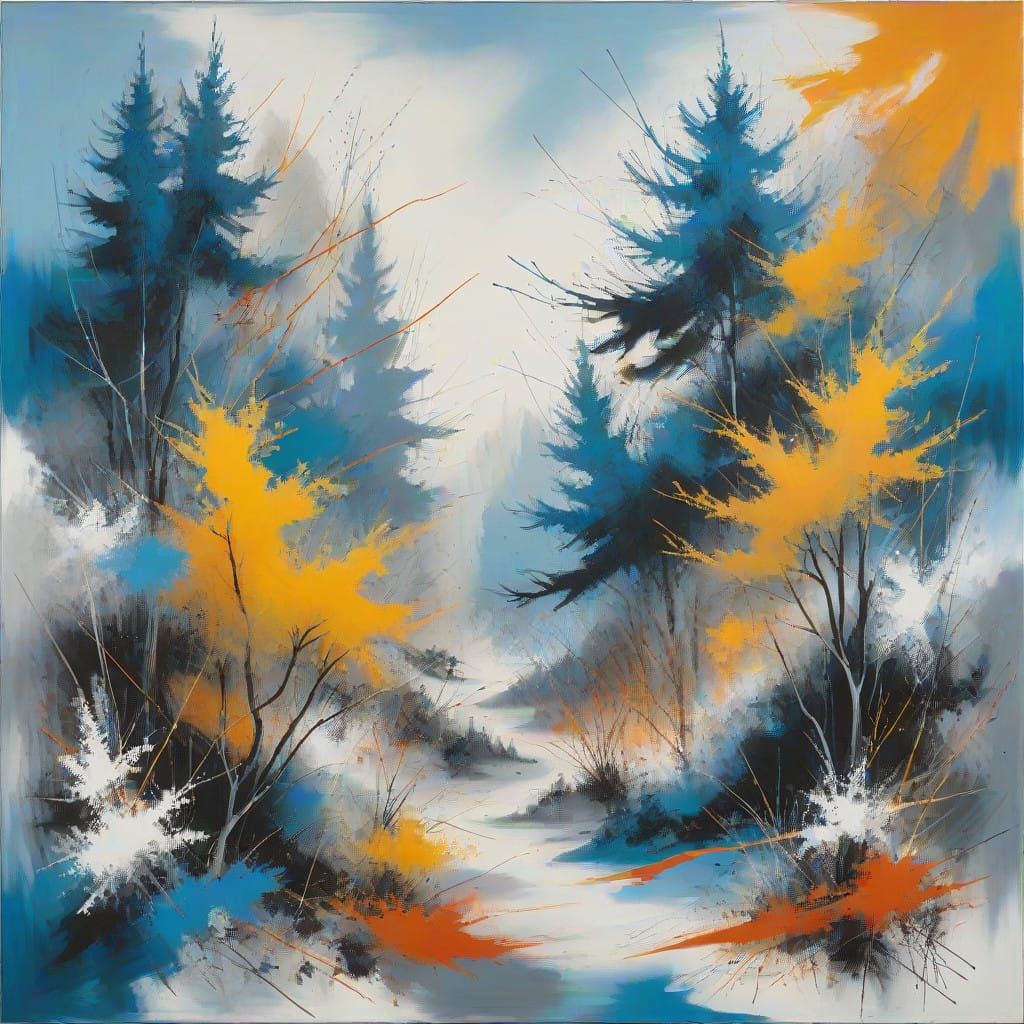Abstract Expressionist Forest Scene in Soft Blues and Warm H...