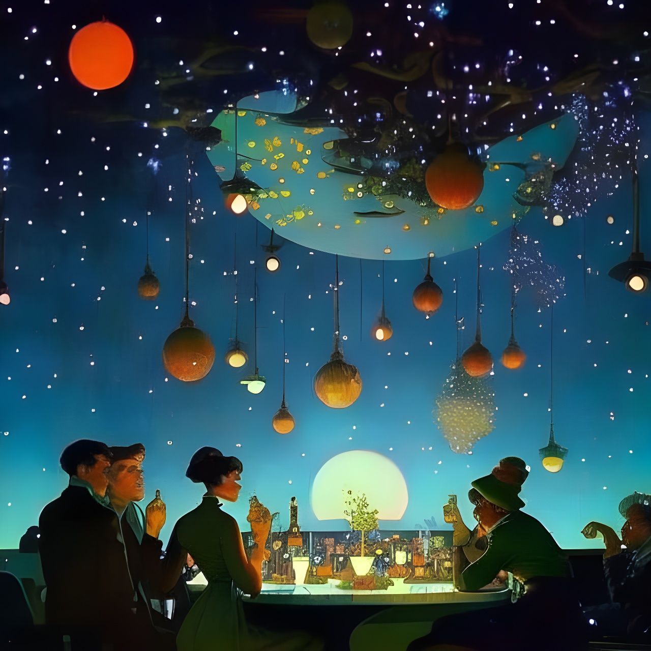 Whimsical Nightcafe with Stars in Art Nouveau Style