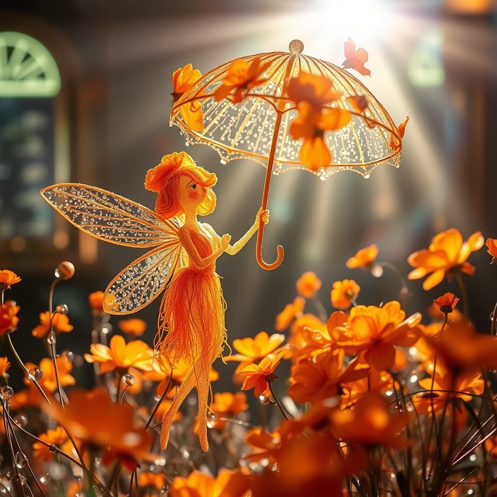 A retro-futuristic speakeasy in Art Deco style, neon lights, and metallic accents  "A whimsical fairy made out of string...