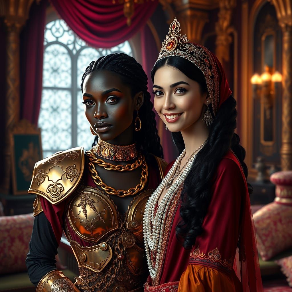 Women in Ornate Armor in Lavish Palace