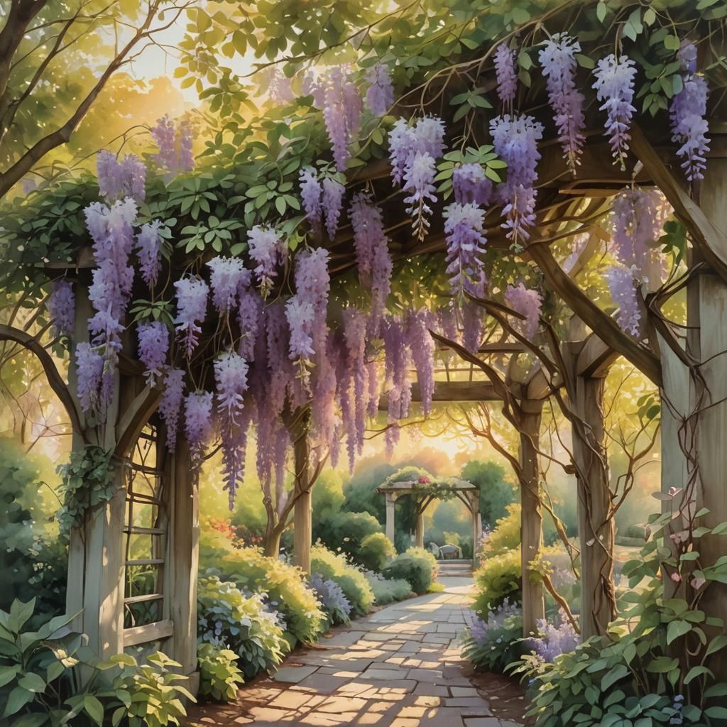 Wisteria Arbor in Serene Garden: Watercolor Art