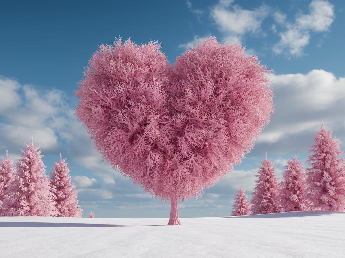 Pink Heart Tree in Snowy Landscape