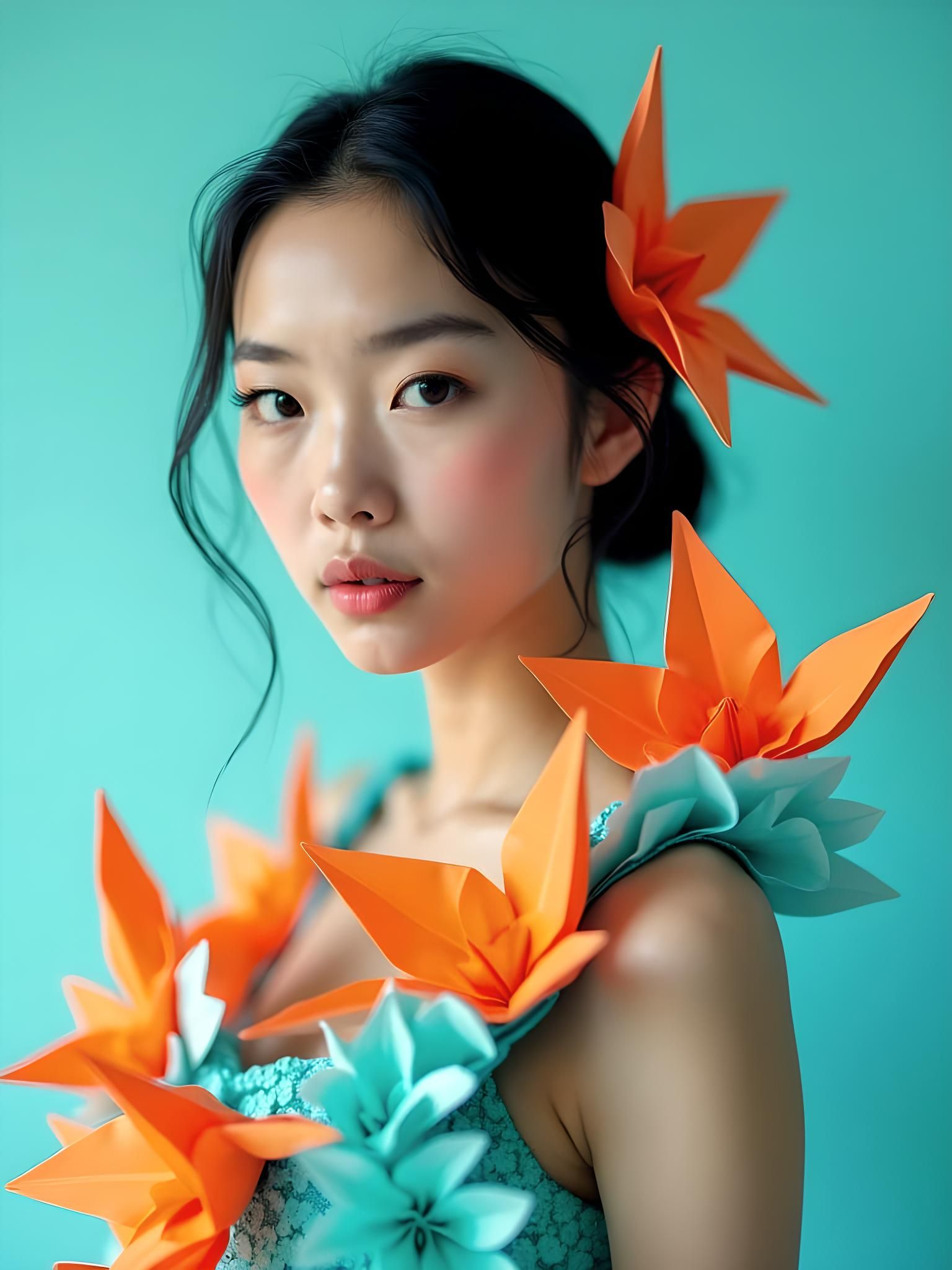 Origami Paper Dress Portrait in Neon Palette