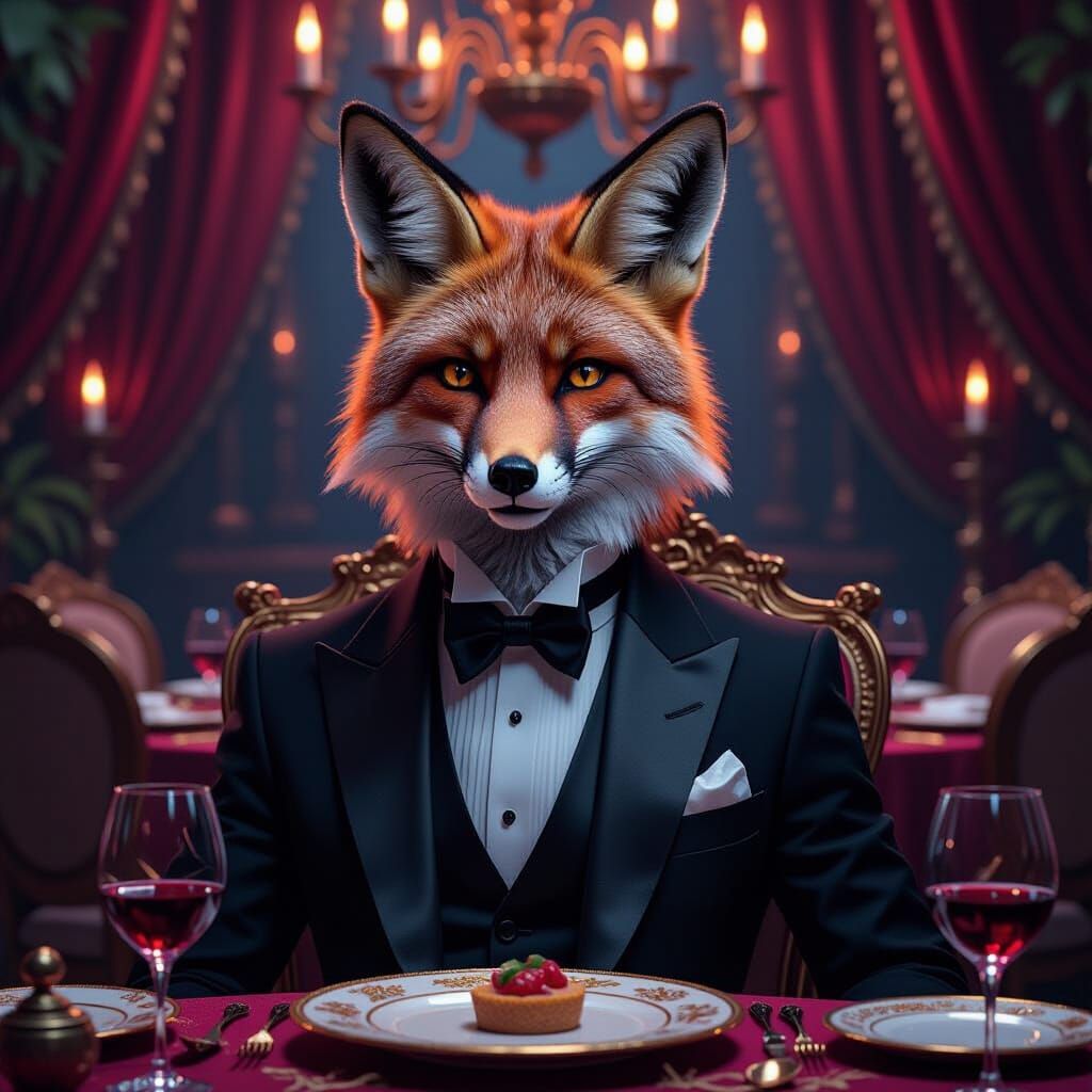 Dapper Fox in Tuxedo at Lavish Dinner Party