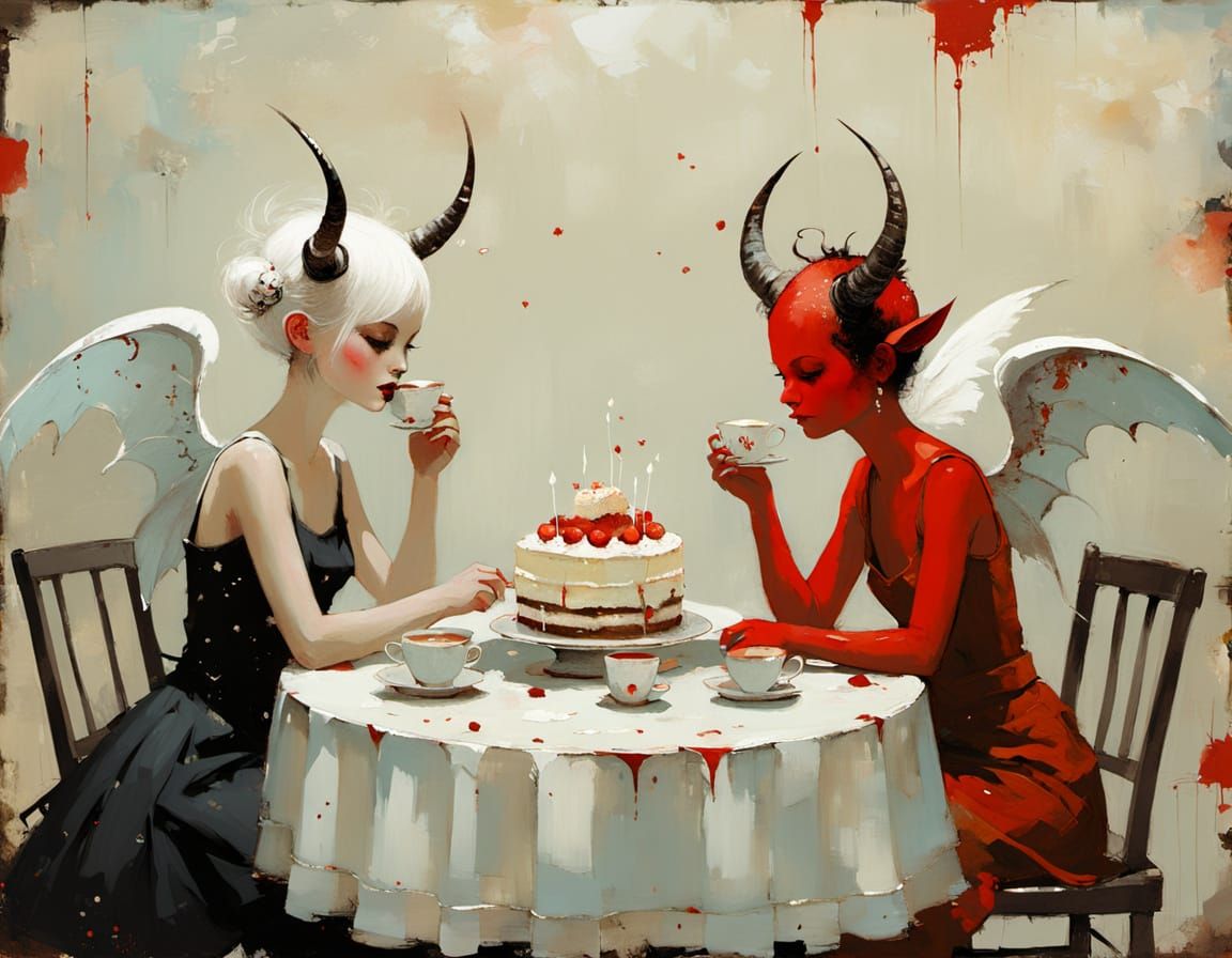 Surreal Tea Party in Andre Kohn Impressionism Style