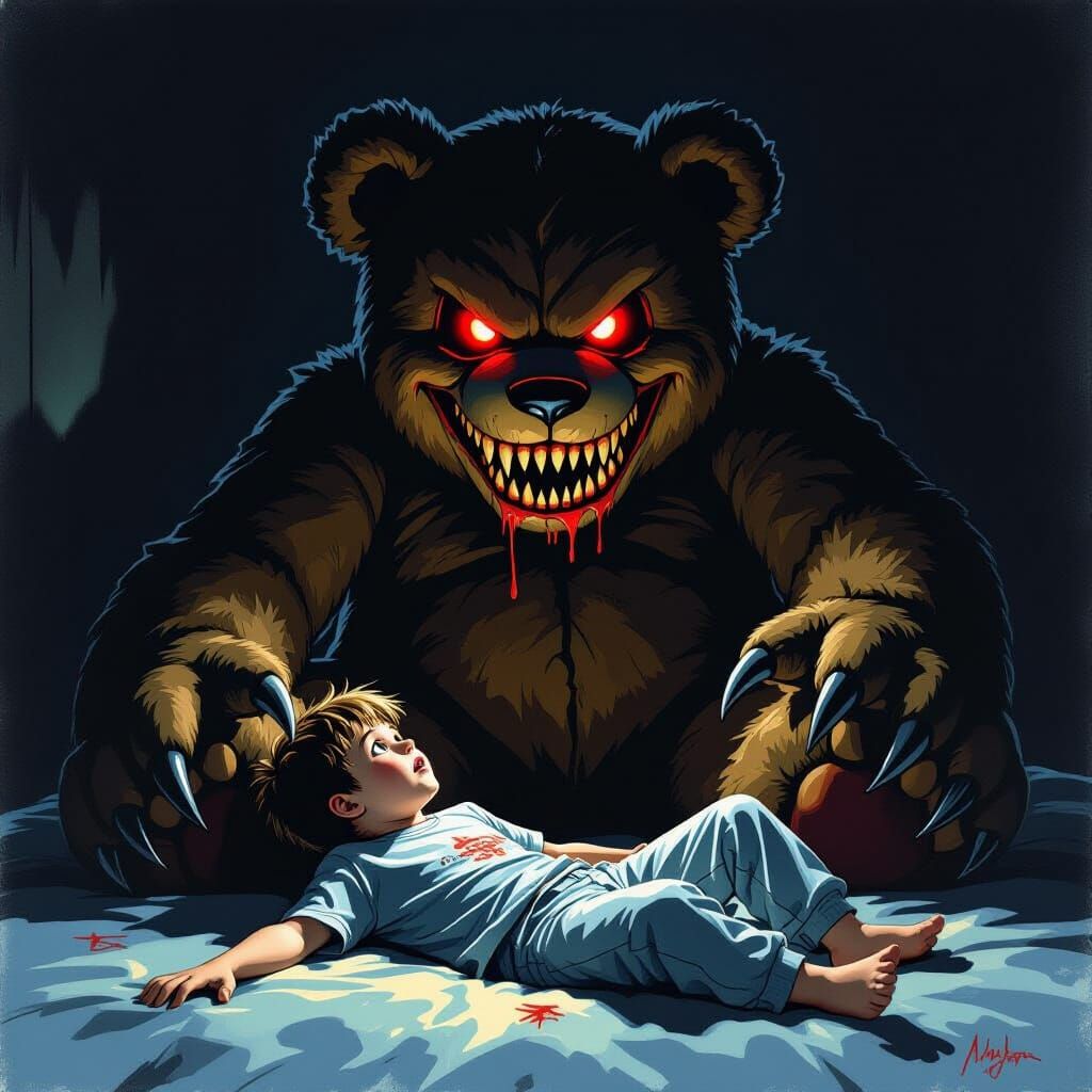 Boy Terrified by Evil Teddy Bear in Dark Room