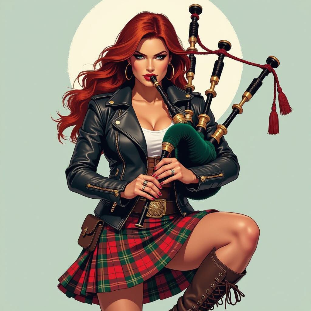 Scottish Woman Plays Bagpipes in Leather Kilt