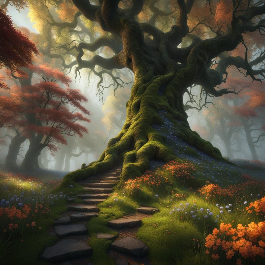 Old Oak Tree with Wildflowers in 3D Cinematic Style