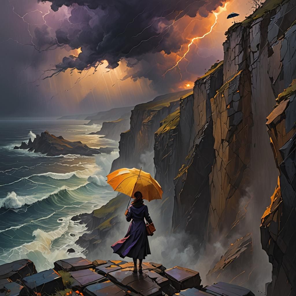 Woman Versus Storm: A Fantastical Cliffside Artwork