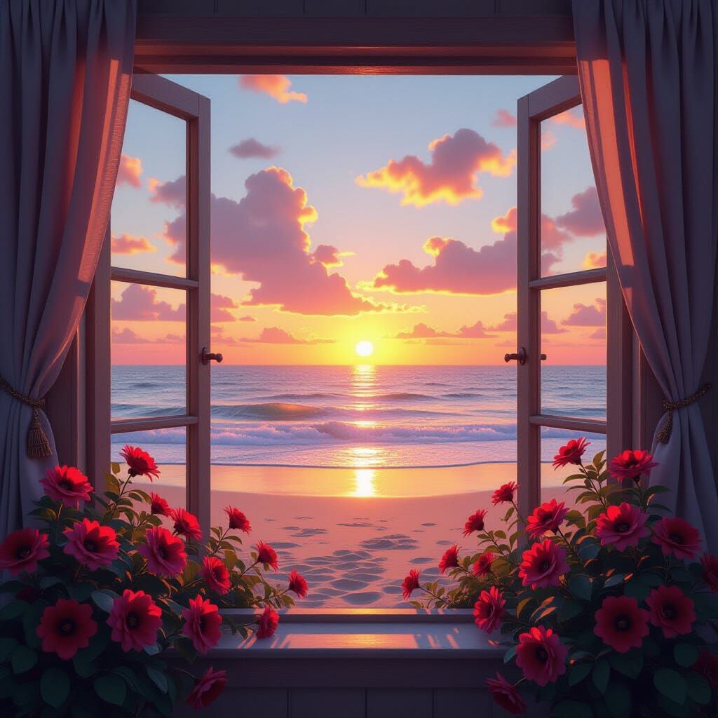 Beach View Framed by Flowers at Sunset