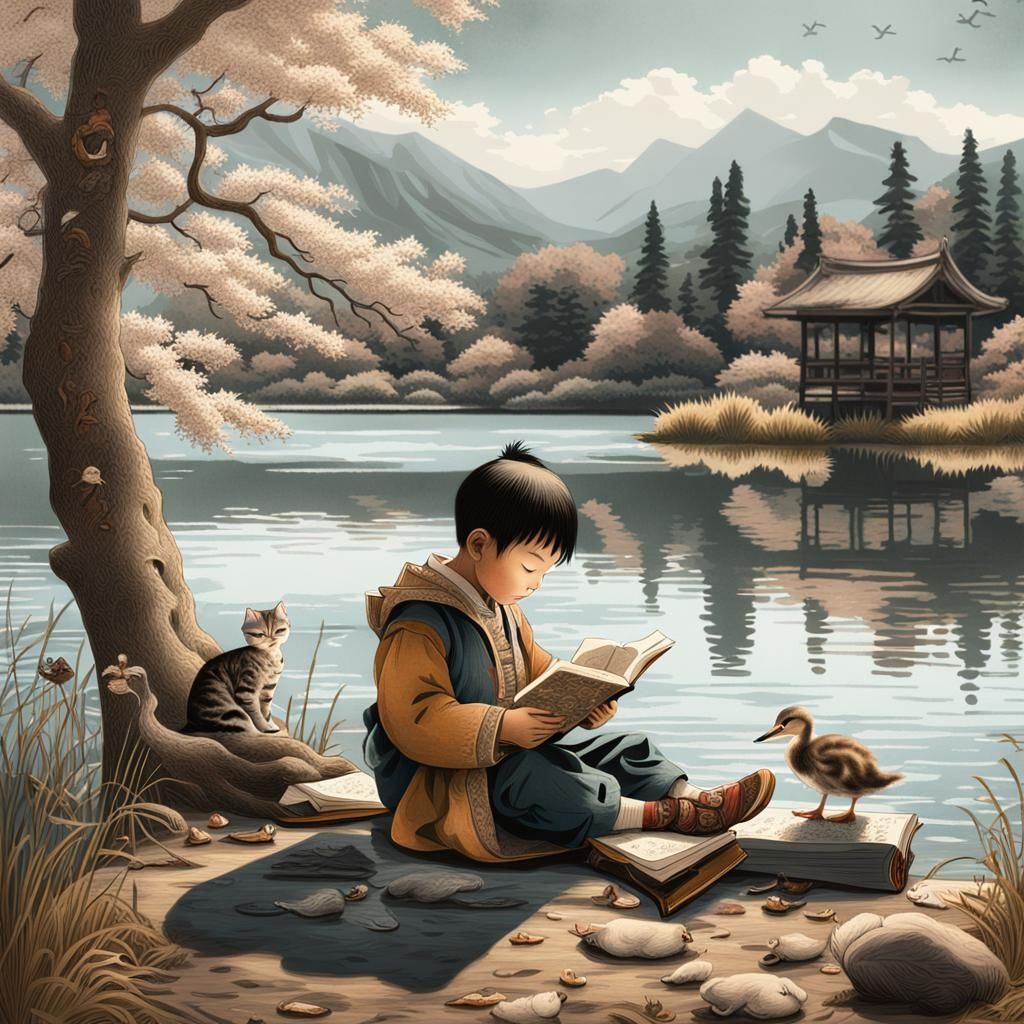 Child Reading by Lake: Ukiyo-e Art