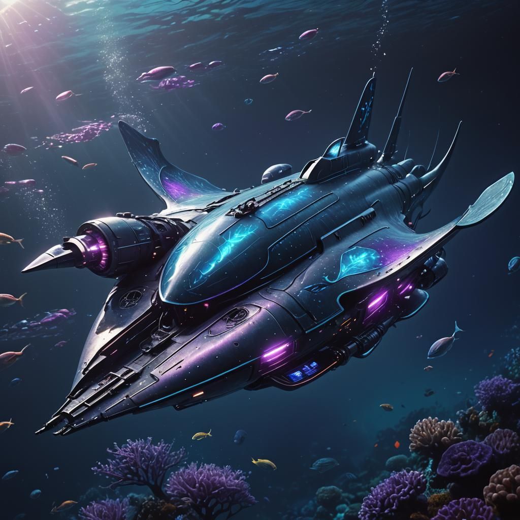 Bioluminescent Submarine: A Sci-Fi Stingray in Deep Ocean