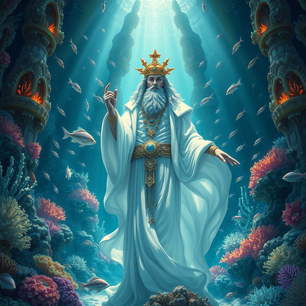 Ocean God in Underwater Pearl Castle, Art Nouveau Style