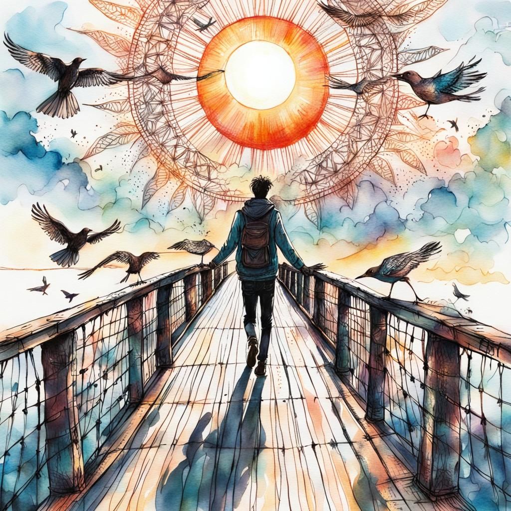 Whimsical Sunset: Boy and Girl on Bridge in Zentangle Style