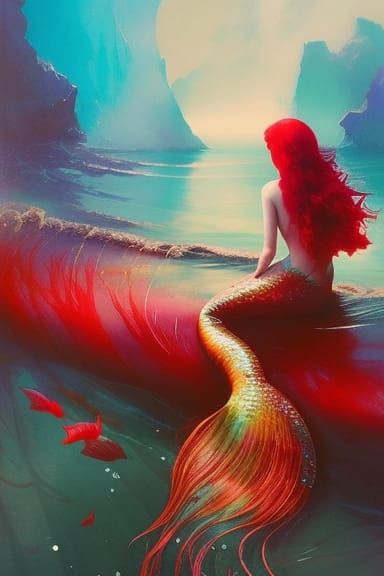 Gothic Mermaid with Red Hair in Liquid Gouache Style