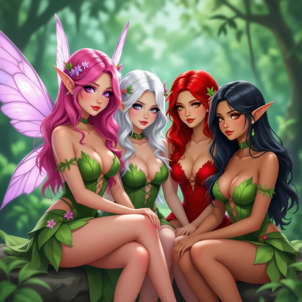 Monet Style Fairies in Leaf Dresses