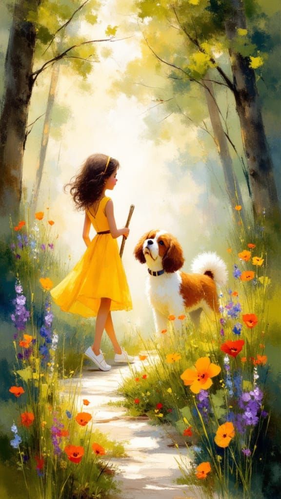 Whimsical Forest Walk with Adorable Girl and Puppy