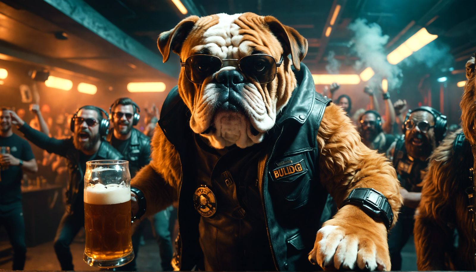 Cinematic shot of 3 bulldog Wookie in an underground scifi club. they are smiling, partying and dancing holding big glas...