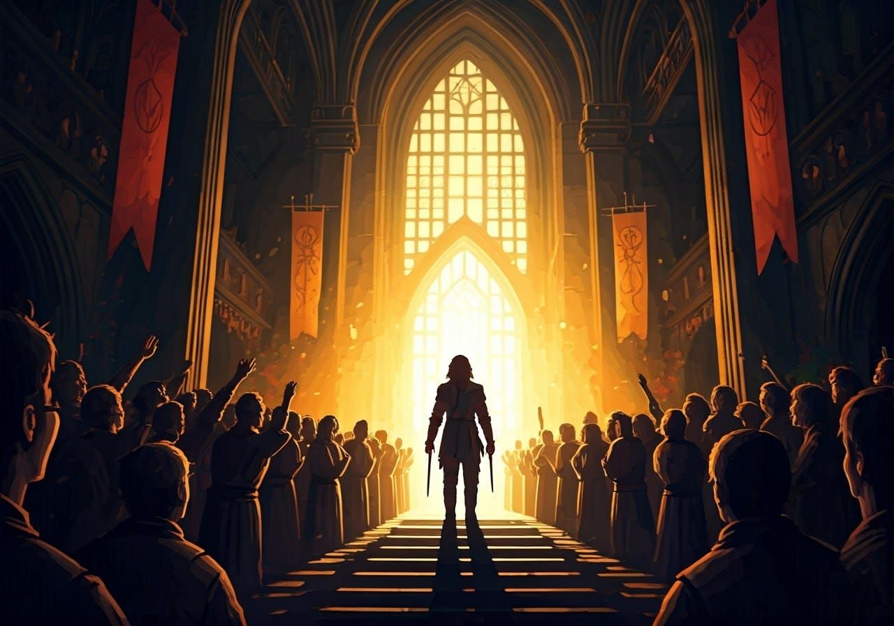 Triumphant Figure in Town Hall: Hyperrealistic Splash Art