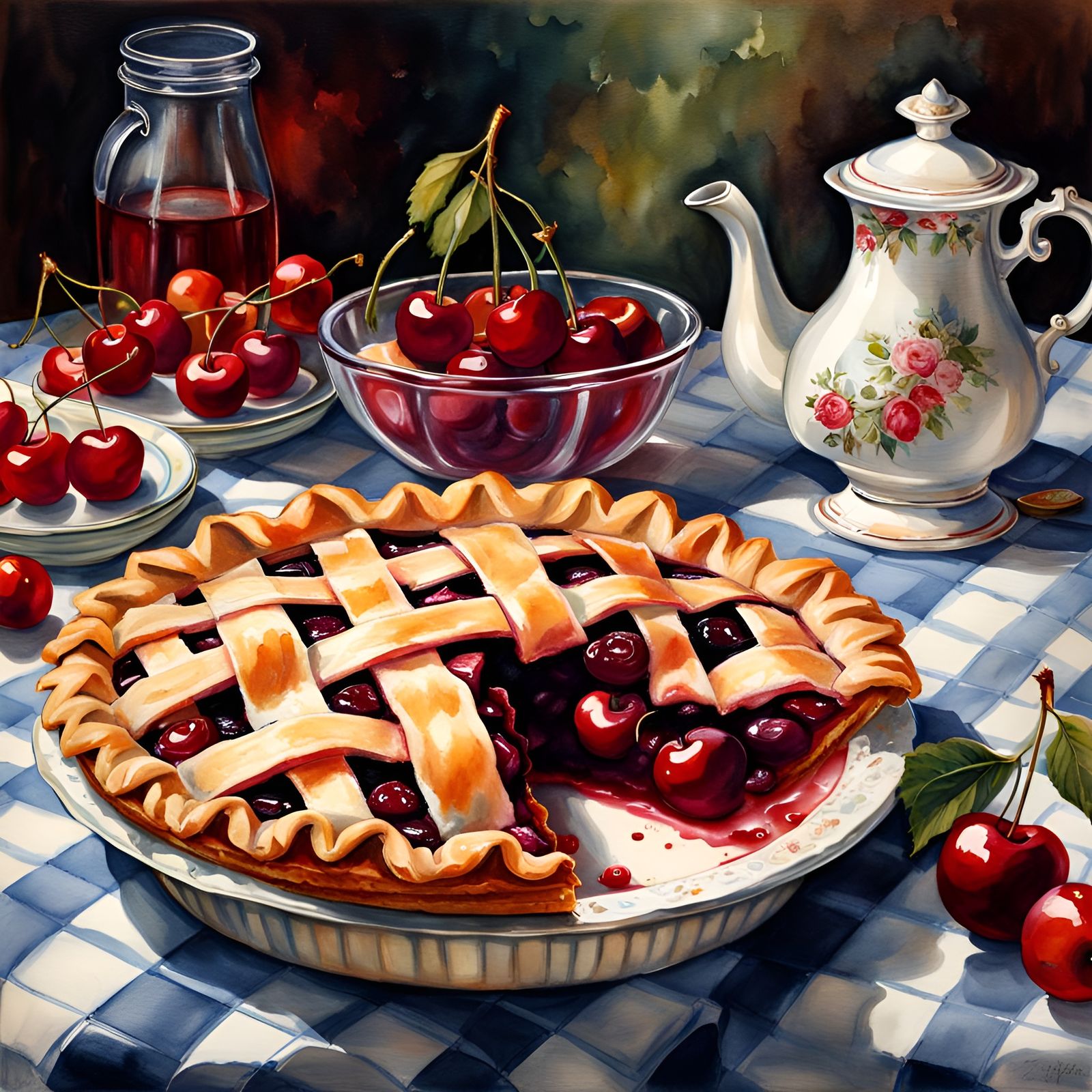 Cherry Pie in Retro Kitchen, Loose Watercolor Style