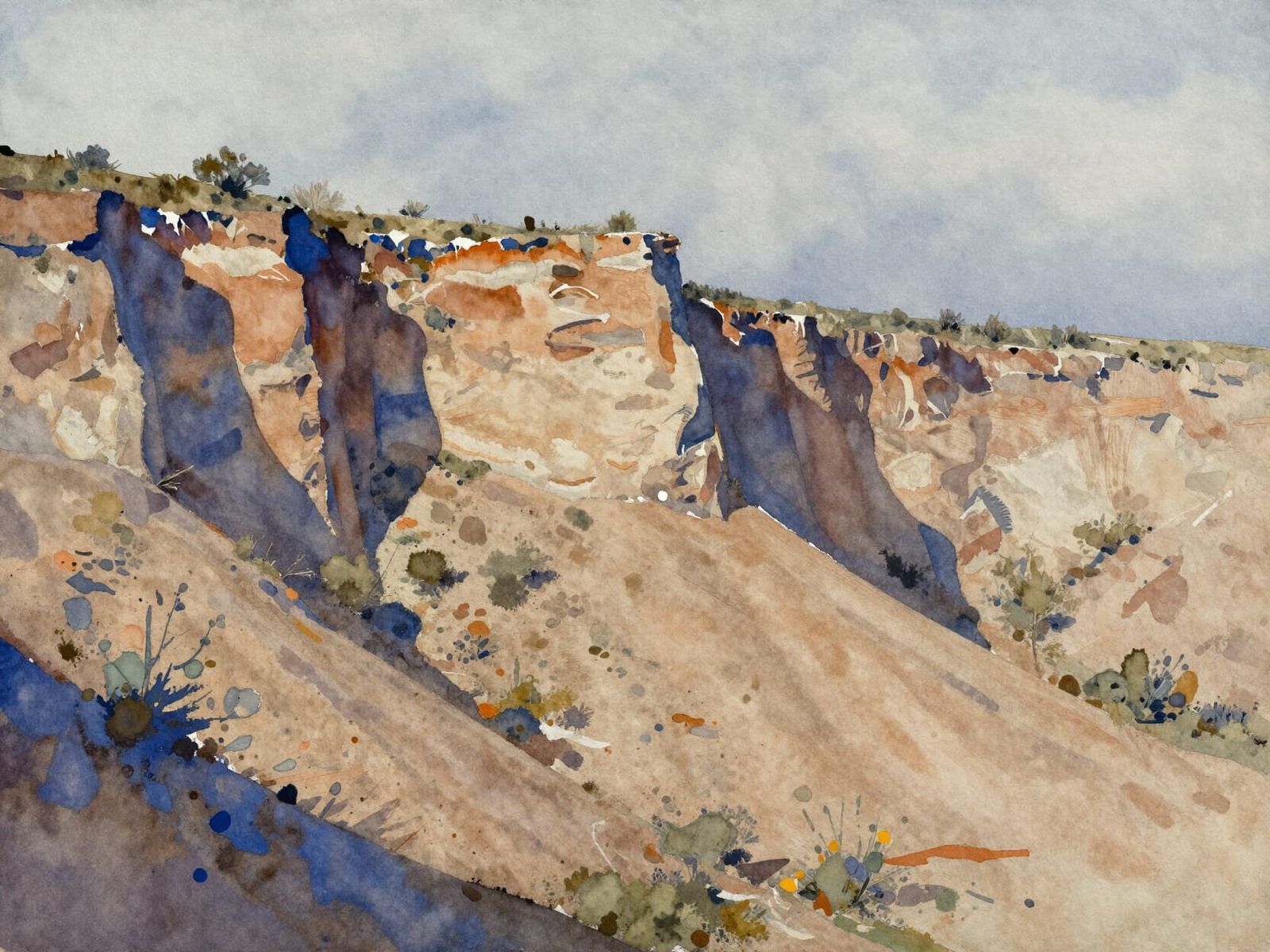 Abstract Expressionist Watercolor of Rugged Cliffs