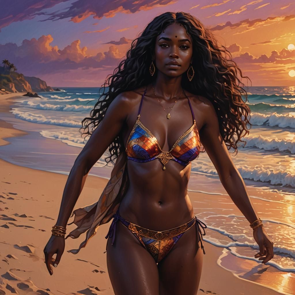 Regal Woman on Beach at Dusk: Matte Painting