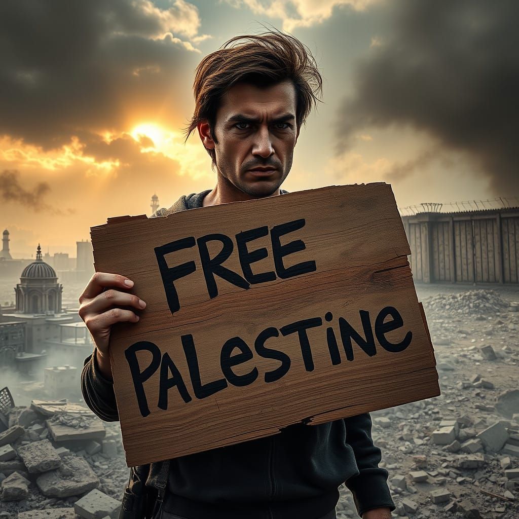 War-Torn Cityscape: A Protester's Determination