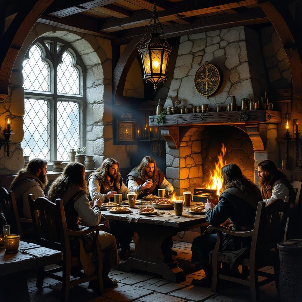 Cozy Medieval Inn With Guests By Fireplace