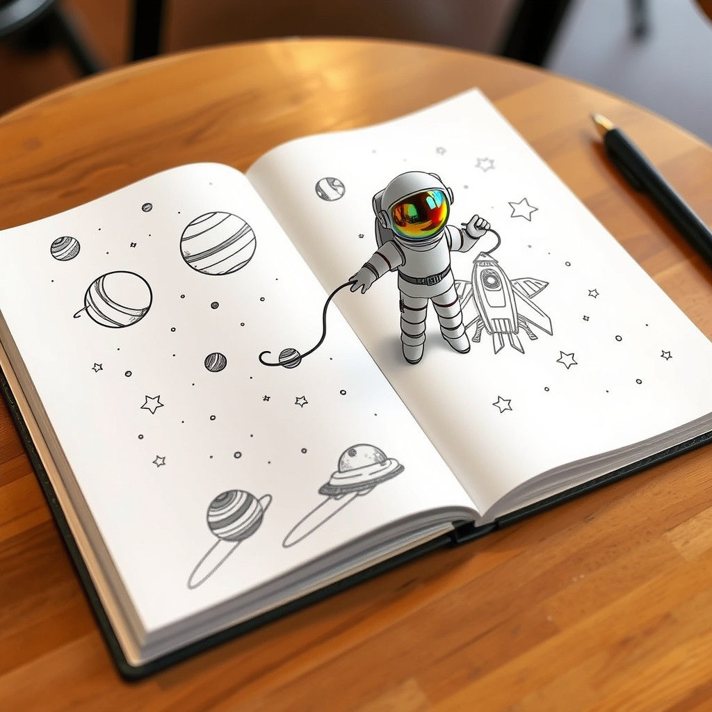 Astronaut Escapes 2D Space: Line Art Coloring Page