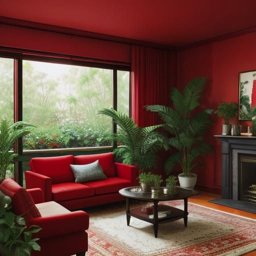 Red Living Room with Plants: Professional Photography