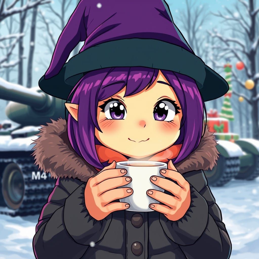 Surreal Anime Winter Scene with Cute Witch and Tank in the B...