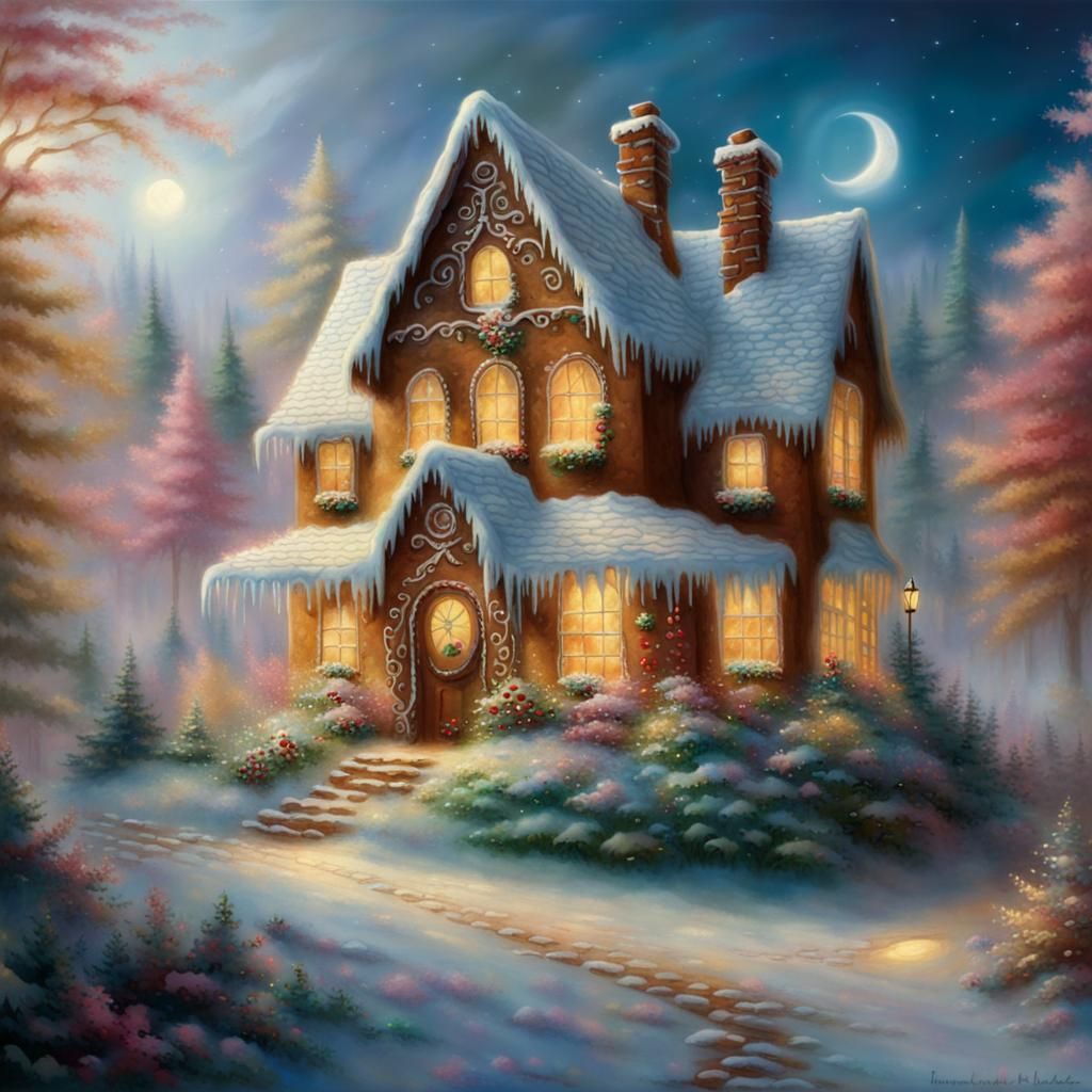 Ethereal Gingerbread House in Kinkade Style