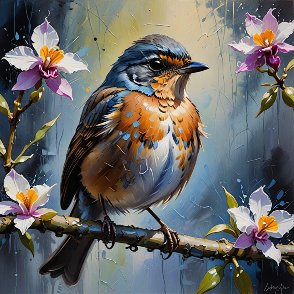 Impressionist Oil Painting of a Baby Robin on an Orchid Bran...