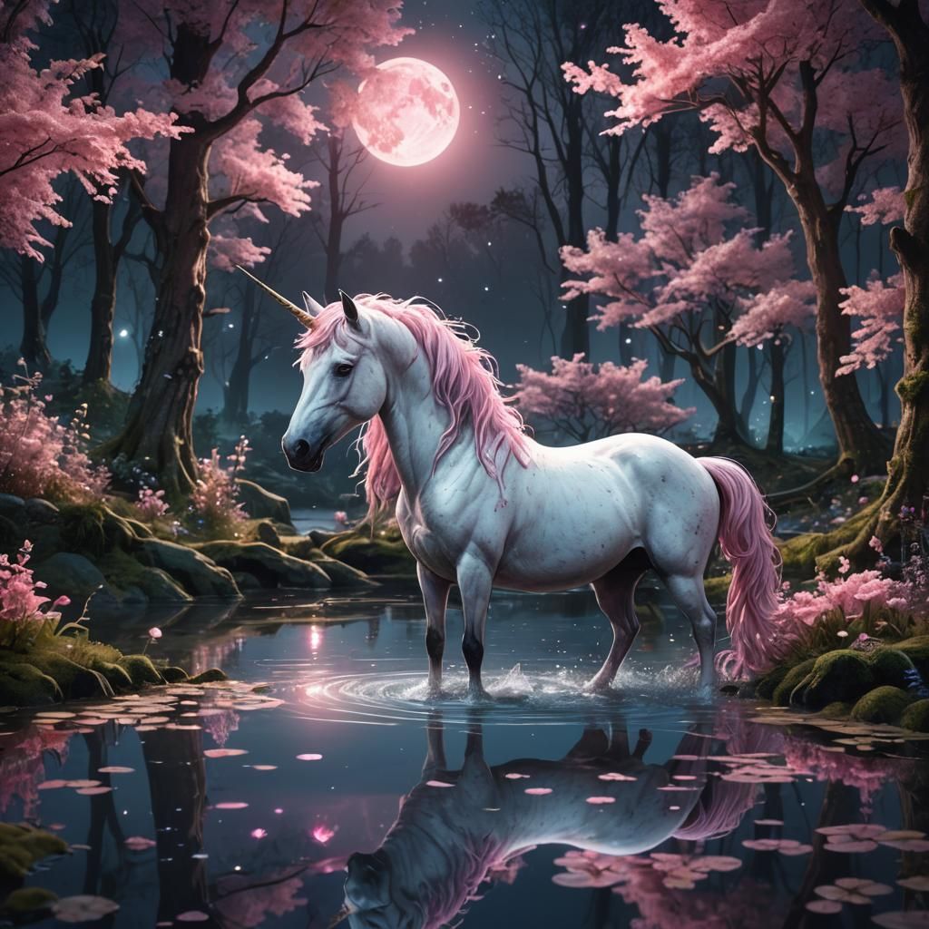 Pink Unicorn Horse in Moonlit Forest