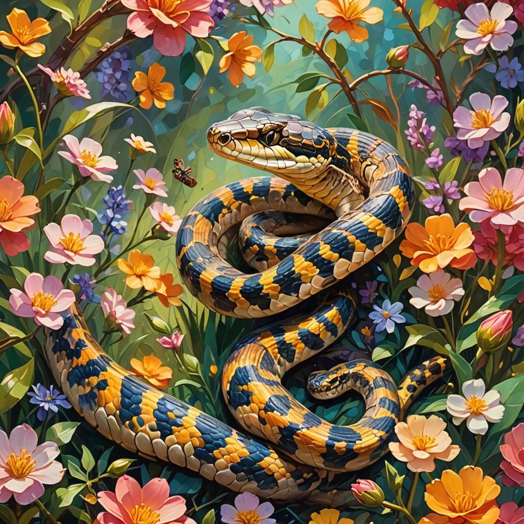 Neo-Impressionistic Rattlesnake Surrounded by Flowers