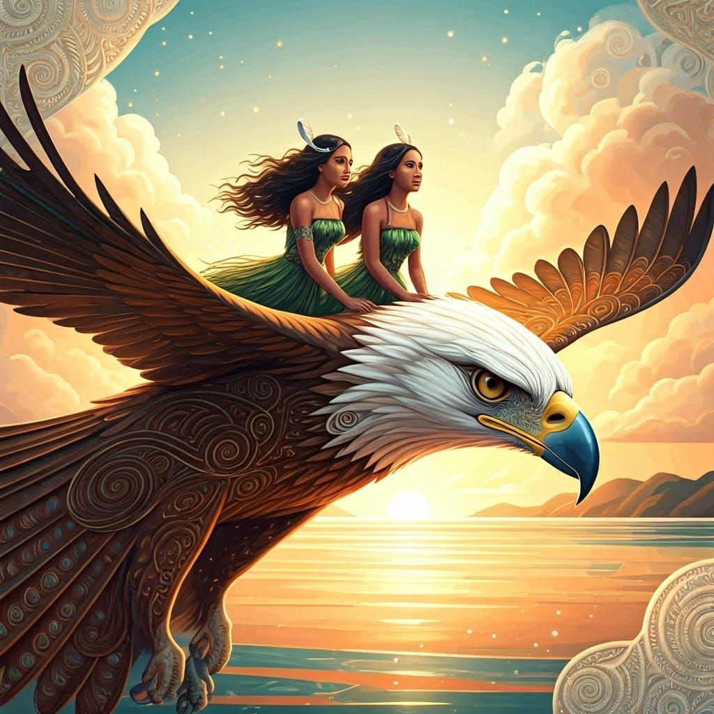 Maori Women Ride Eagle Through Clouds at Sunset