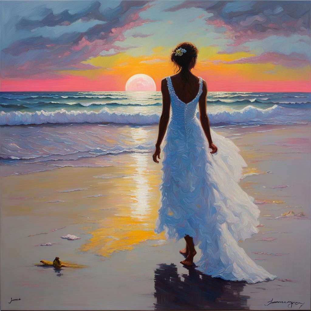 Woman in Fluorescent Wedding Dress, Oil Painting