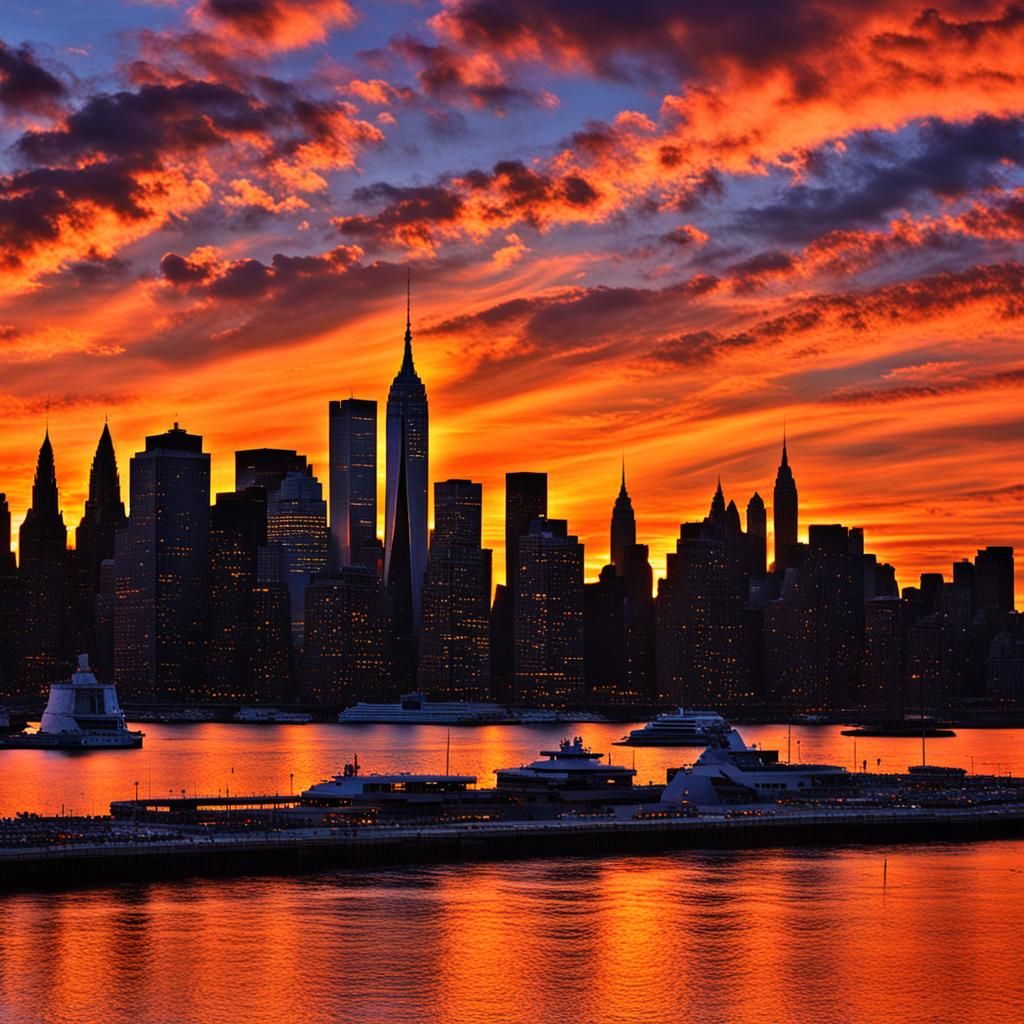 Fiery Sunset Over New York City Skyline