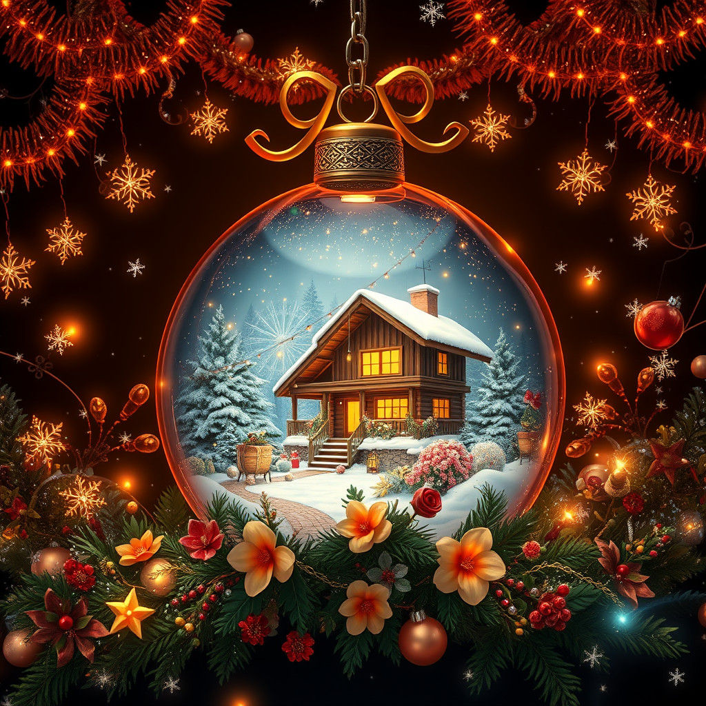 Christmas Cabin in Glass Ball: Art Nouveau Style