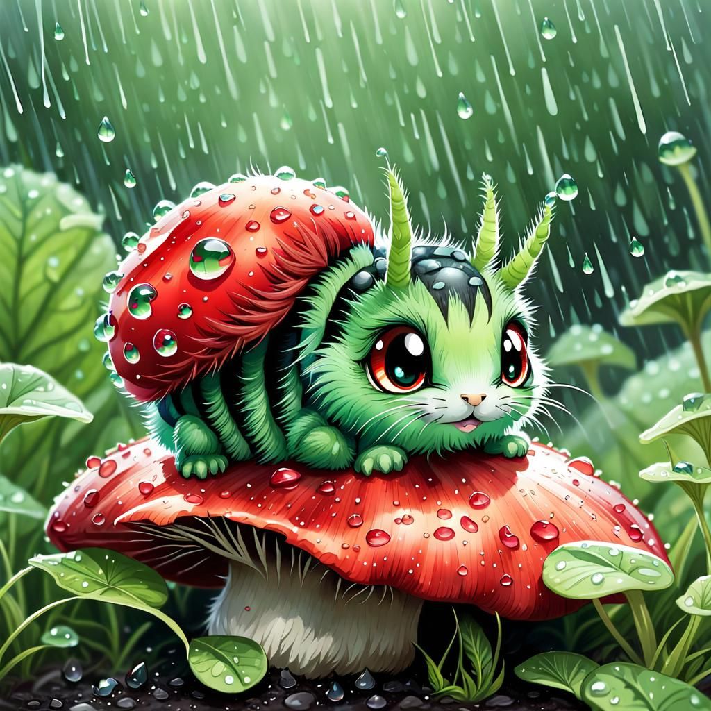 Chibi Caterpillar Under Mushroom in Watercolor Style